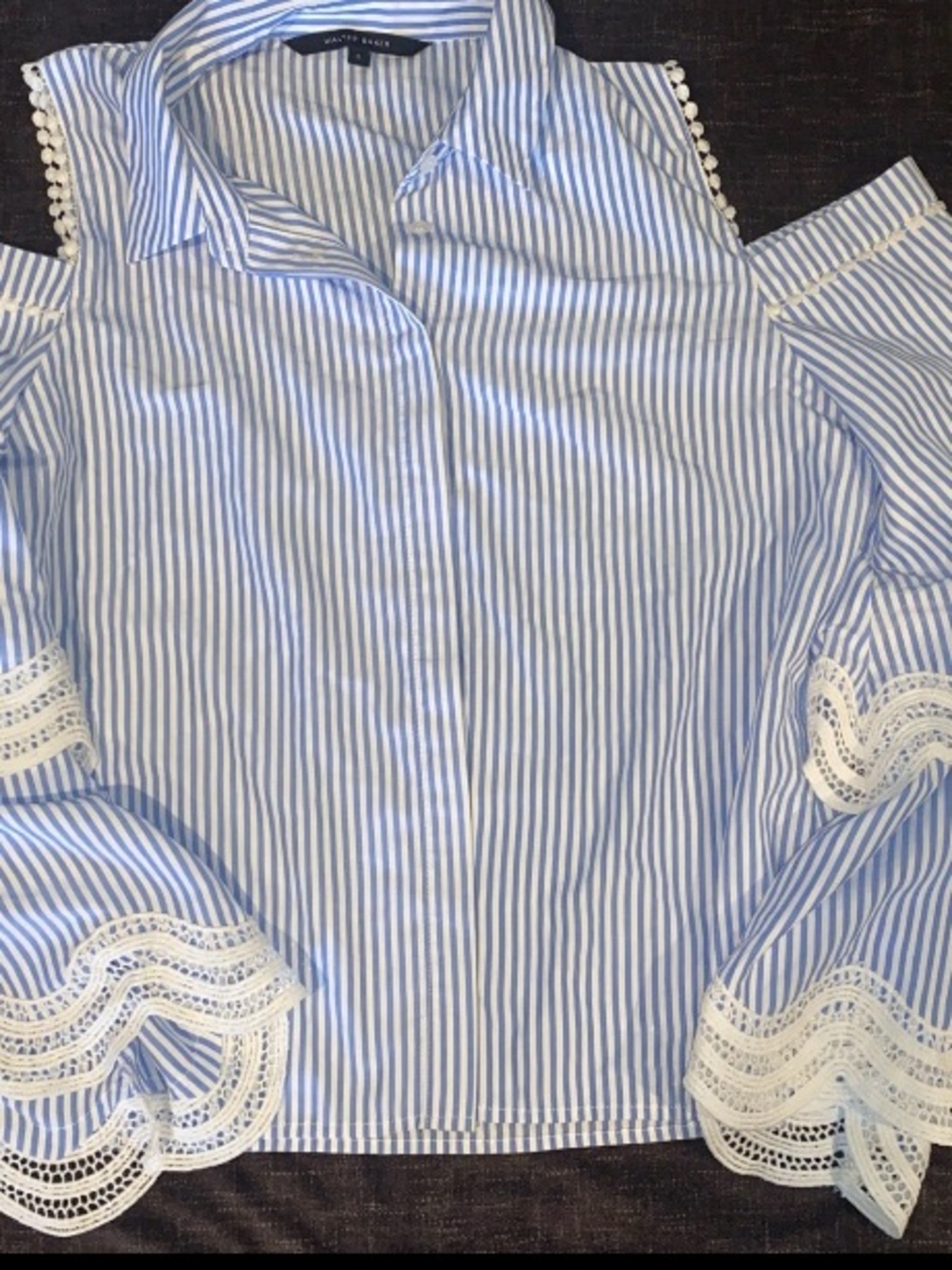 Walter Baker DARLENE TOP Blouse Cold Shoulder Crochet Trimmed Stripe L